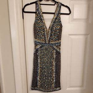 Jovani fully beaded mini dress blue gold